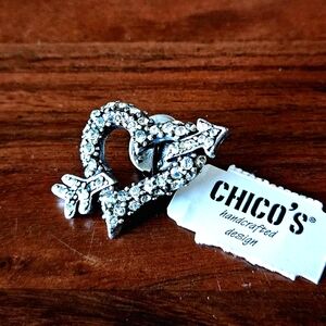 NWT Chico's Have a Heart Silvertone Rhinestone Heart and Arrow Pin Brooch